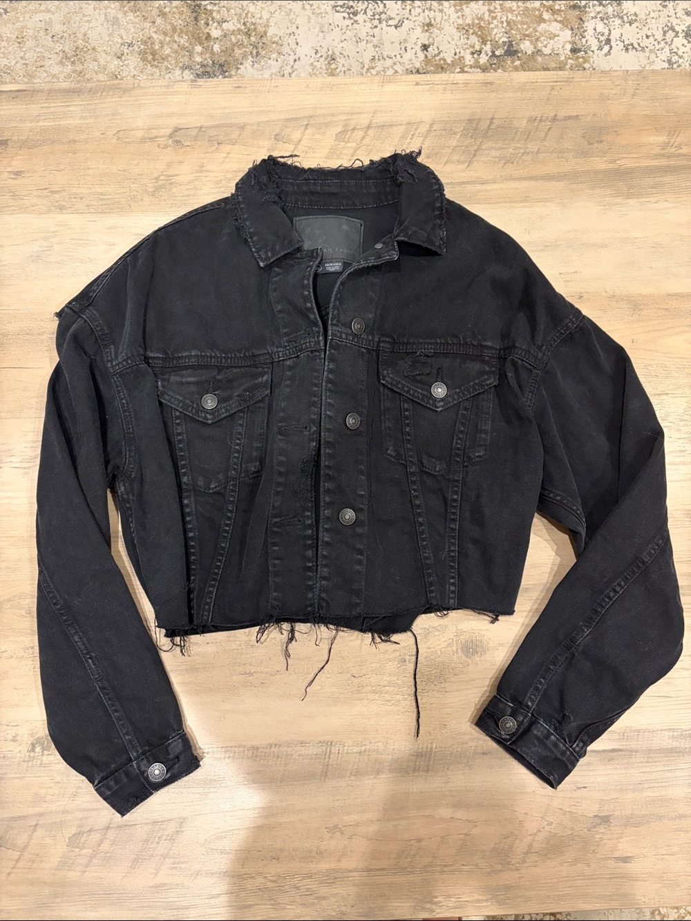 American Eagle Outfitters Black Cropped Distressed Denim Jacket